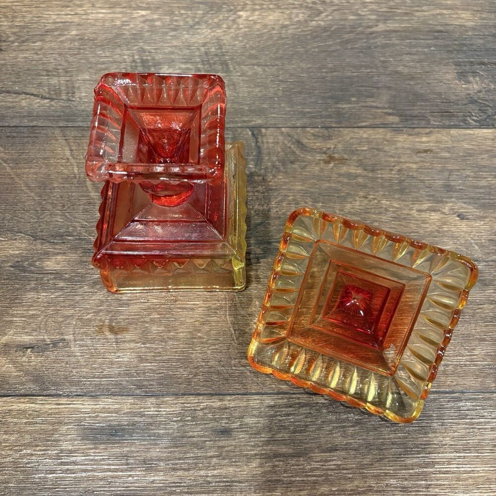 Vintage Amberina Glass Covered Pedestal Square Wedding Box Candy / Trinket Dish - Picture 5 of 8